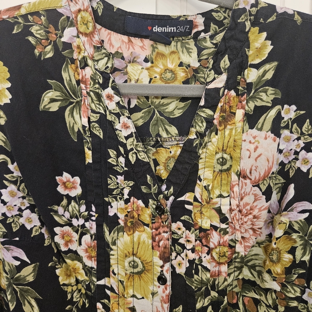 Denim&Co Floral Blouse - Black, Yellow, Pink - Picture 8 of 9